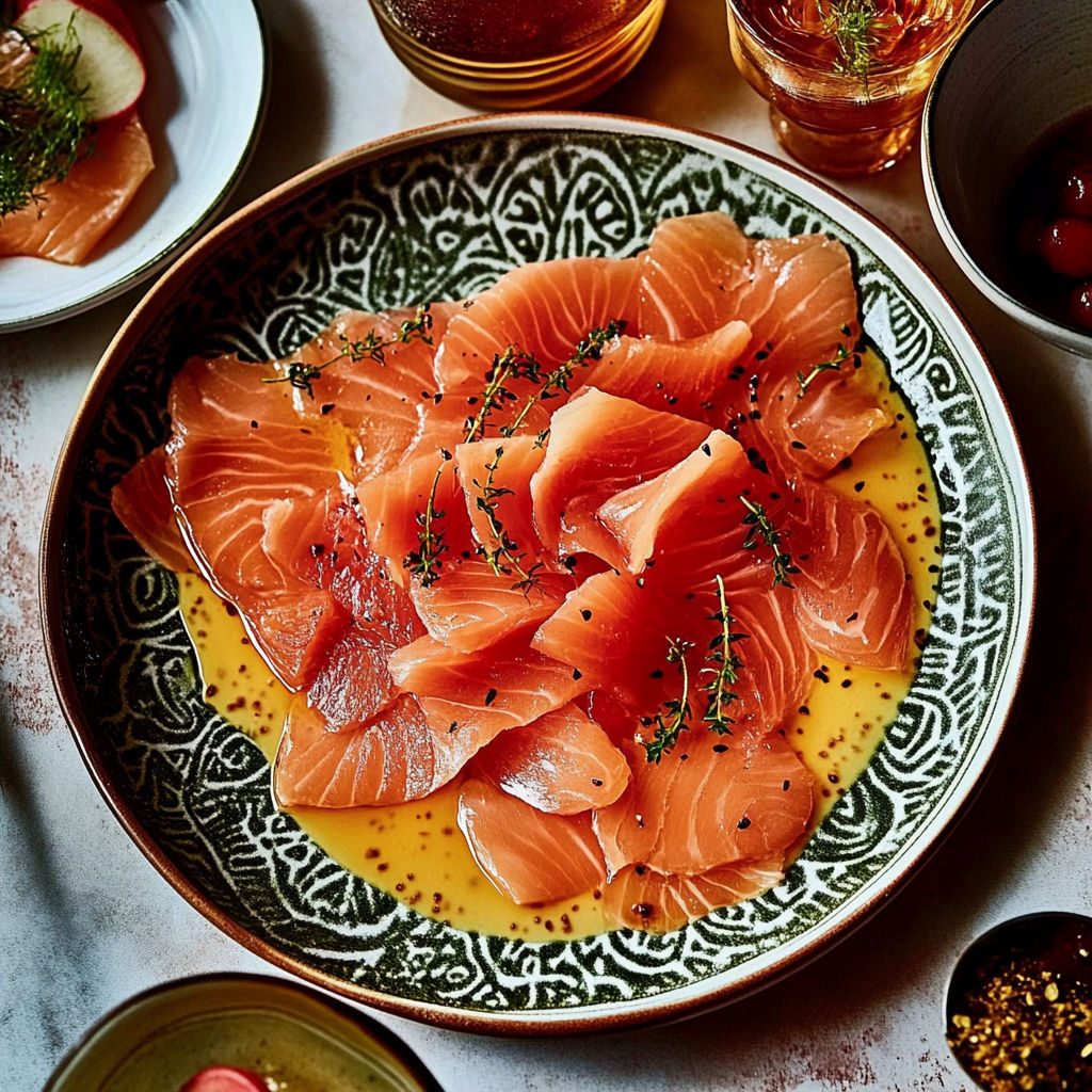 A plate of food with gravlax de saumon and vinaigrette cocktail.