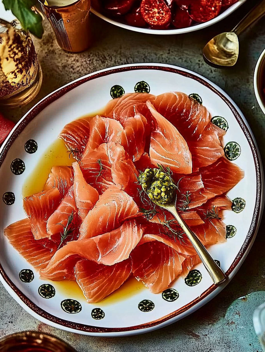 A plate of raw fish with a spoon on it.