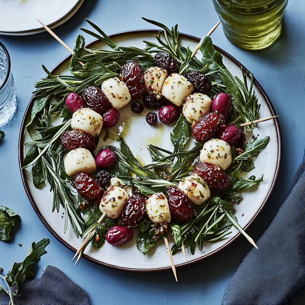 A plate of brochettes de bocconcinis aux raisins et au romarin.