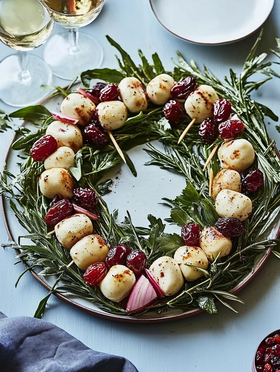 A plate of food with a green leafy wreath on it.