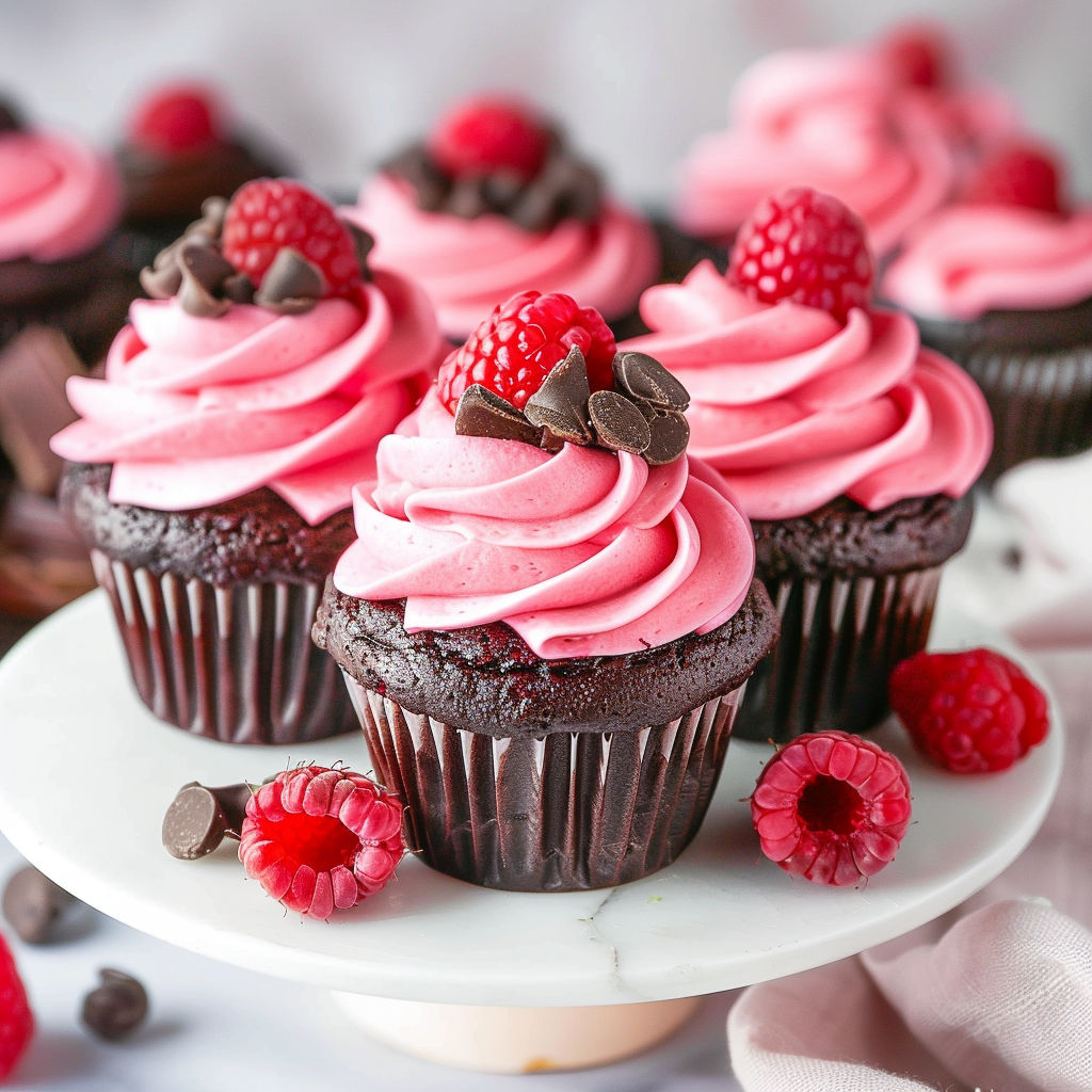 A plate of chocolate cupcakes with raspberries on top.