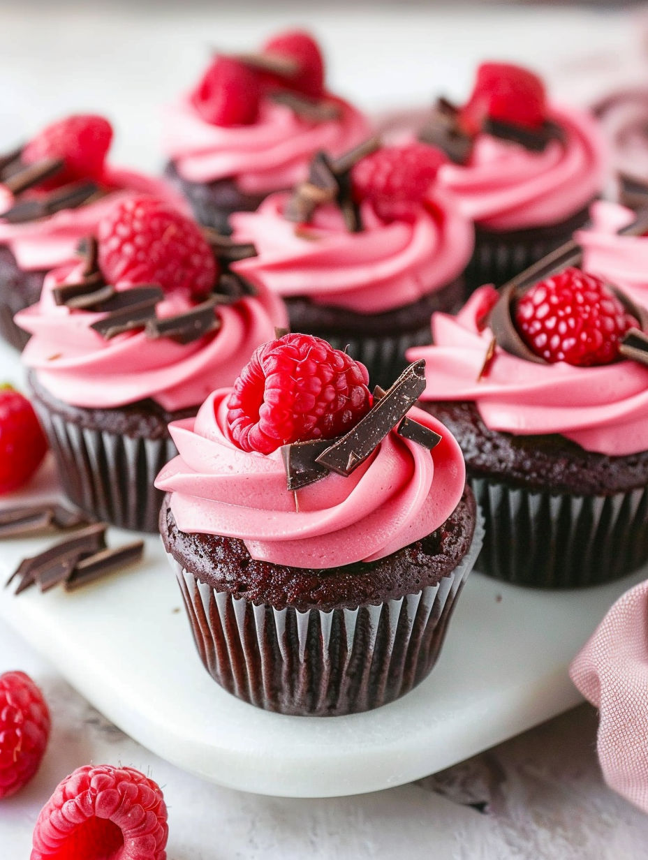 A close up of a chocolate cupcake with raspberries on top.