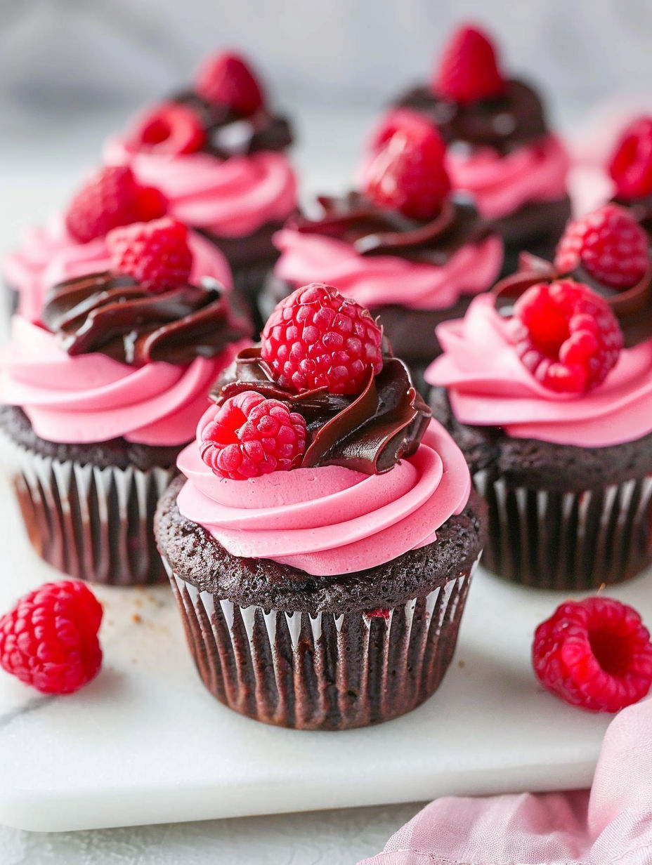 A cupcake with chocolate and raspberries on top.