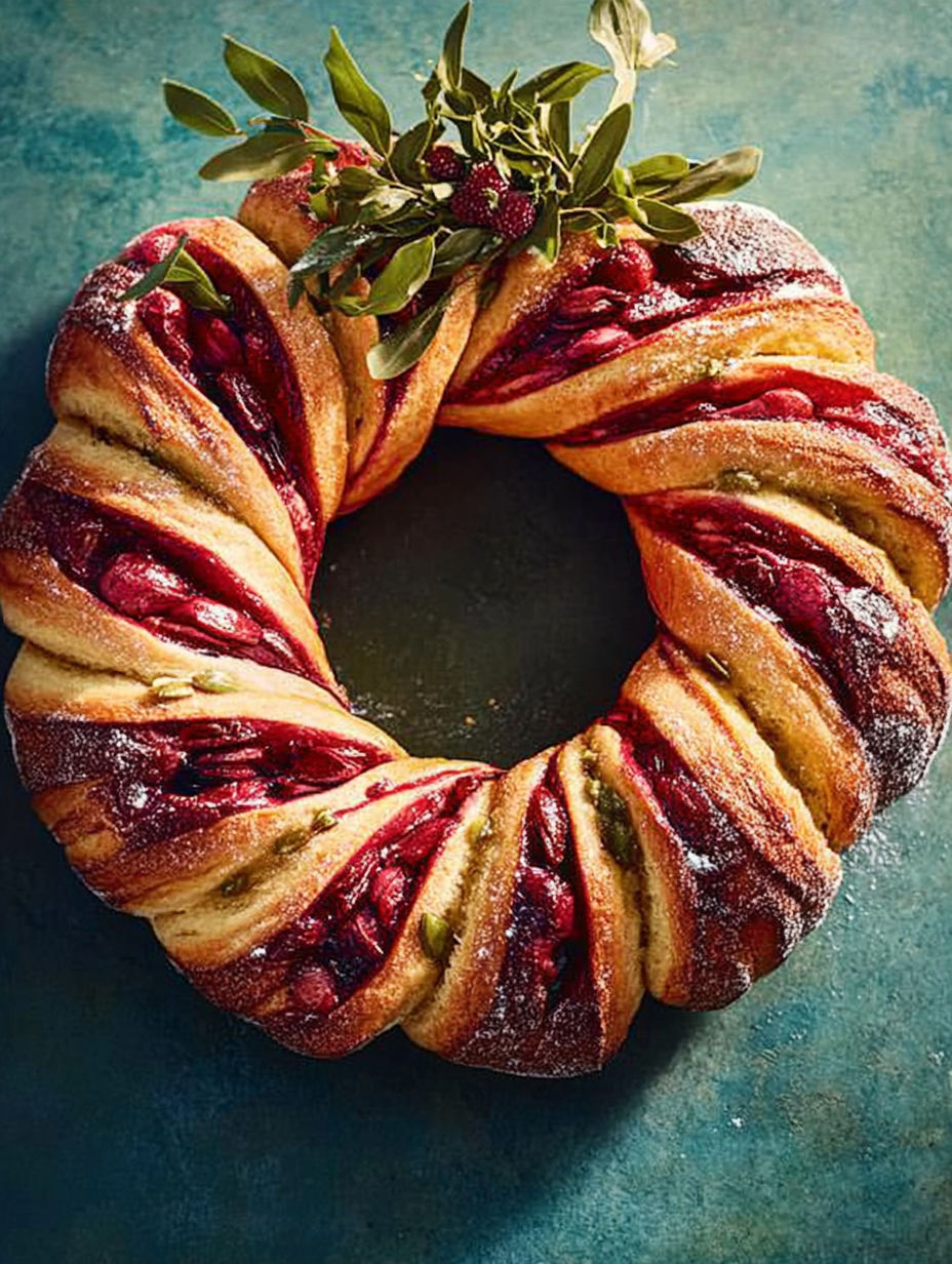 A spiral shaped pastry with a green leaf on top.