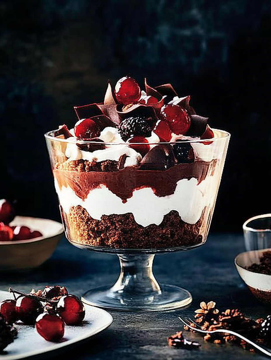 A glass bowl filled with a chocolate dessert.