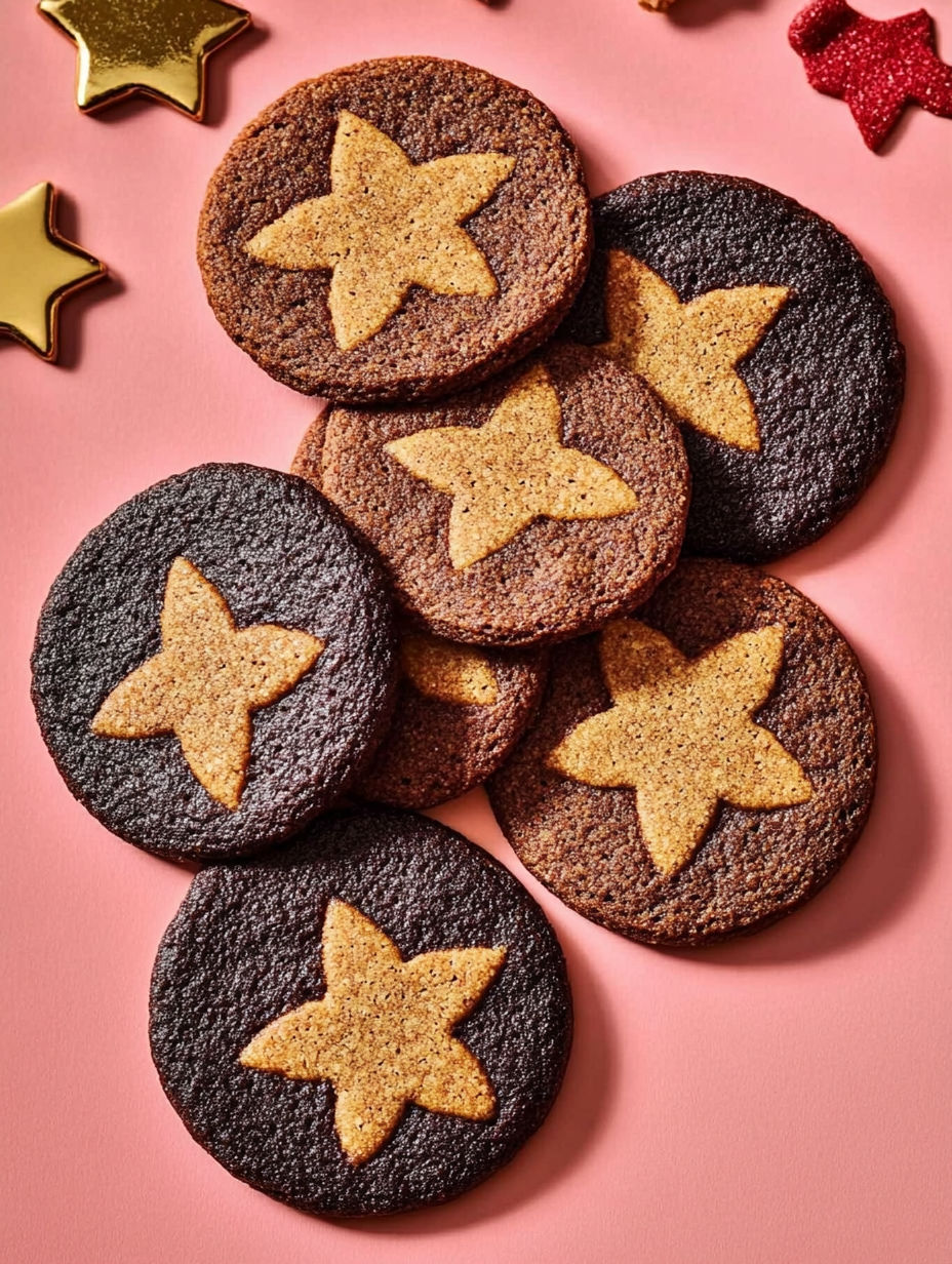 A pink table with a stack of brown cookies with yellow stars on them.