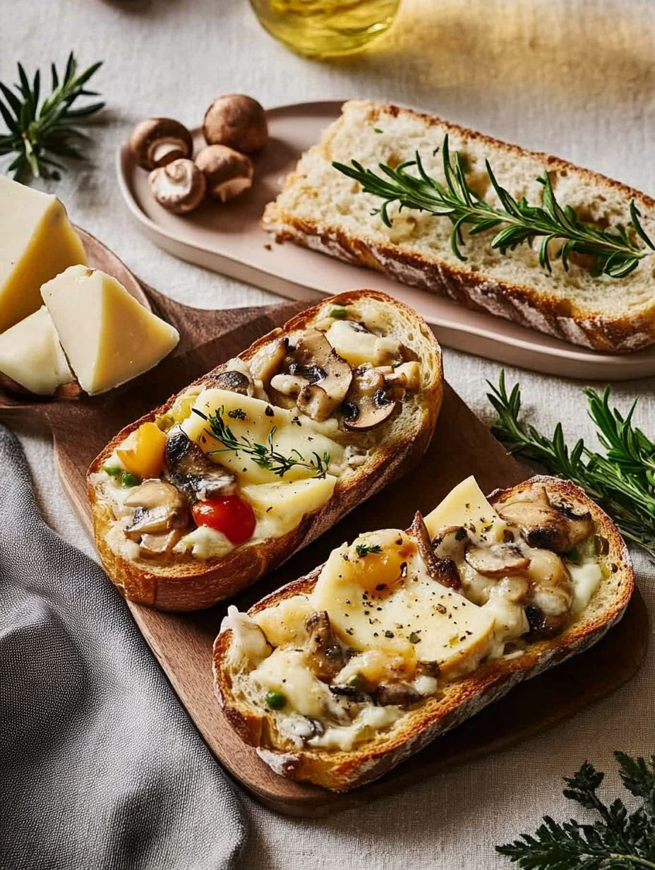 A plate of bread with cheese and mushrooms.
