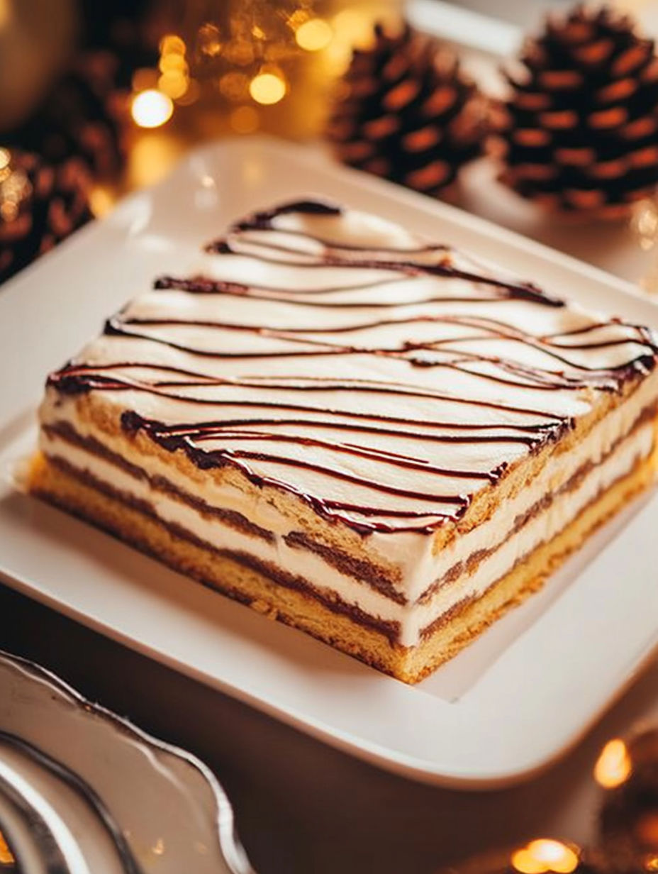 A slice of cake with chocolate and white frosting.