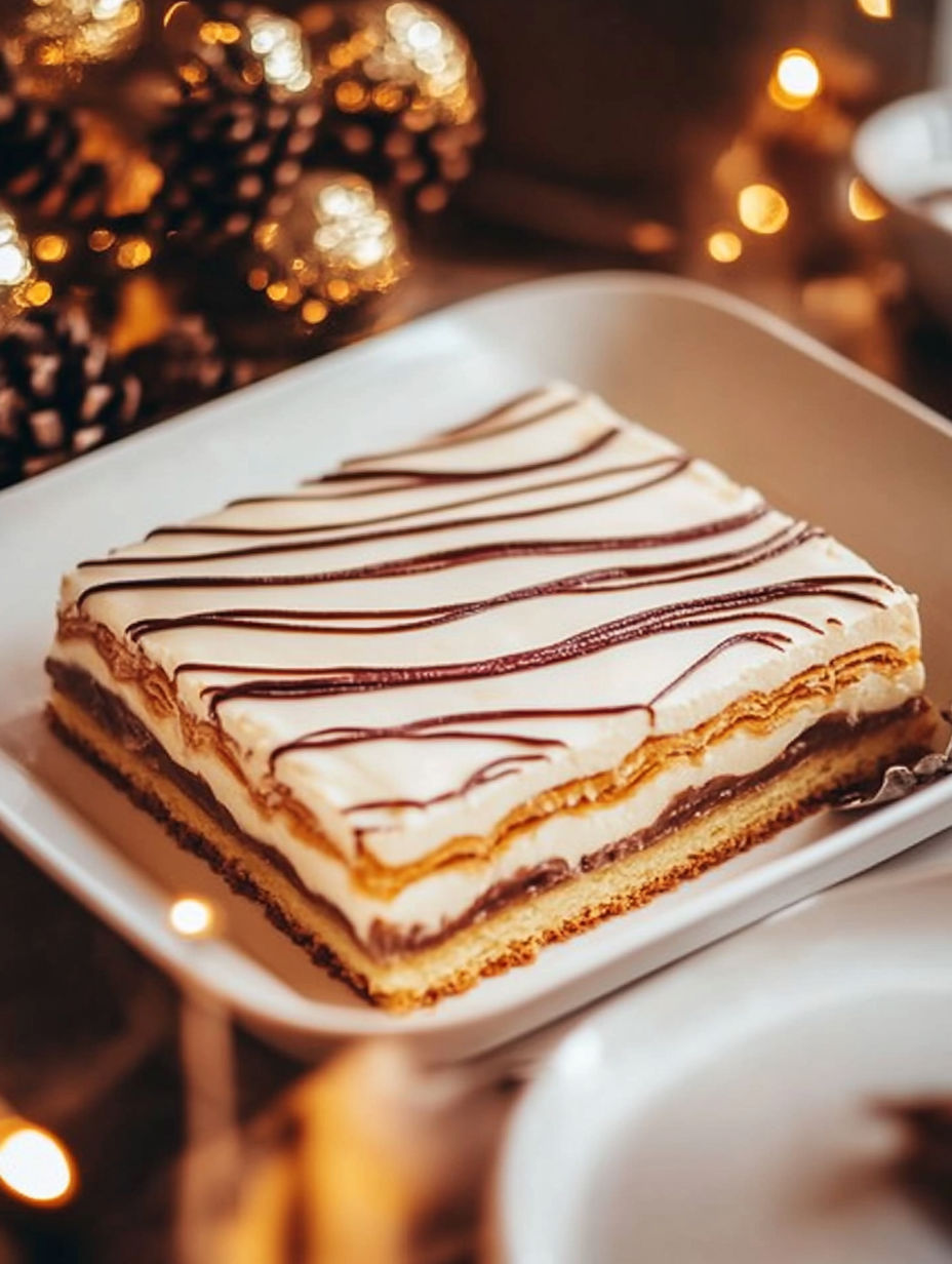 A slice of cake with white and brown icing.
