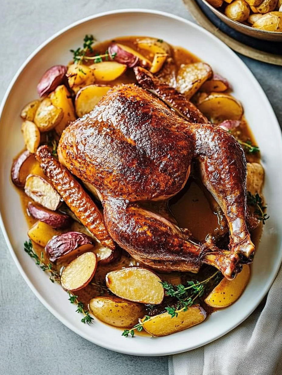 A roasted chicken with potatoes and herbs.