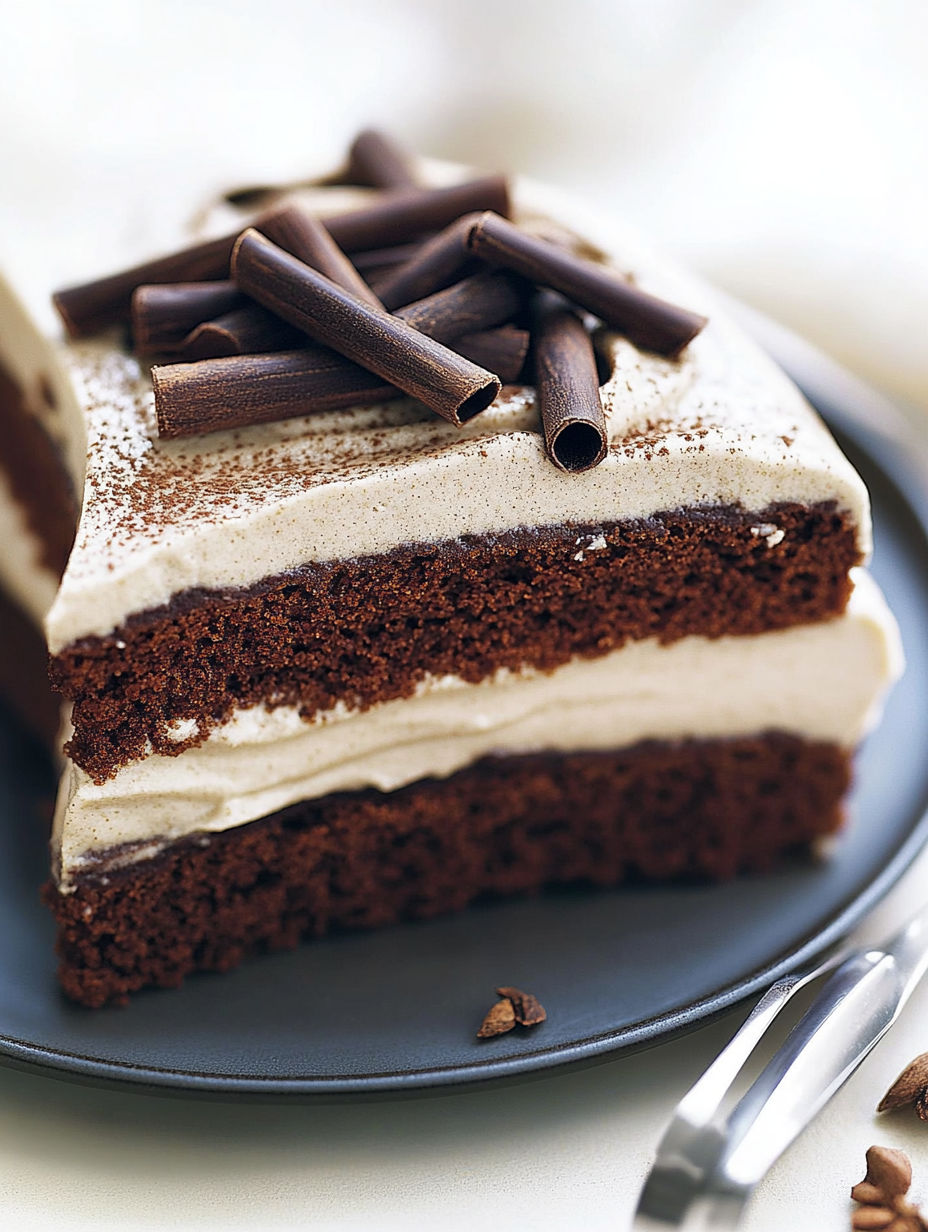 A slice of chocolate cake with chocolate chips on top.
