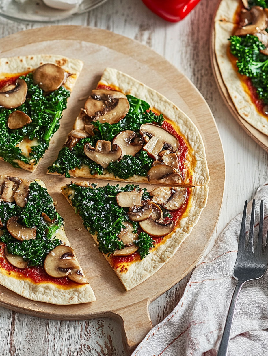 A pizza with mushrooms and spinach on a wooden cutting board.