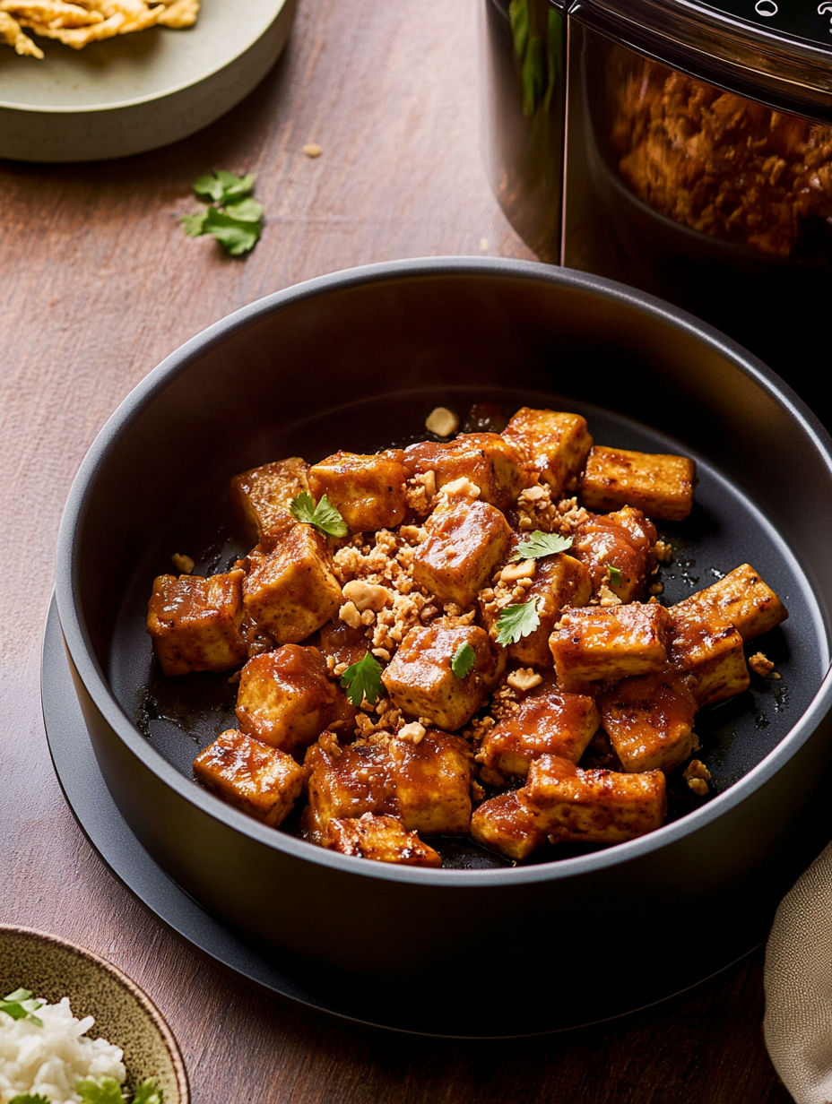 A bowl of food with a green garnish.