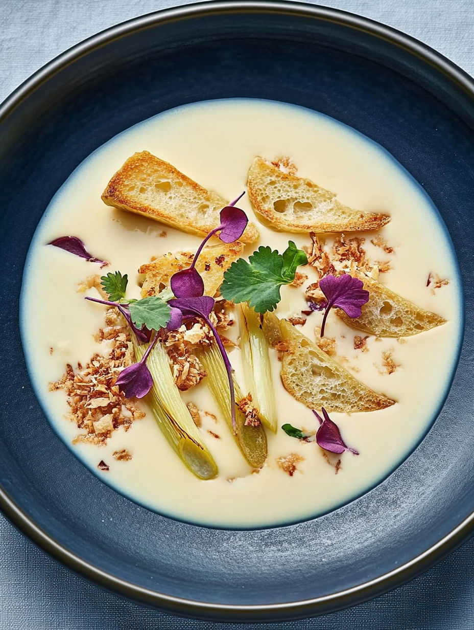 A bowl of soup with bread and vegetables.