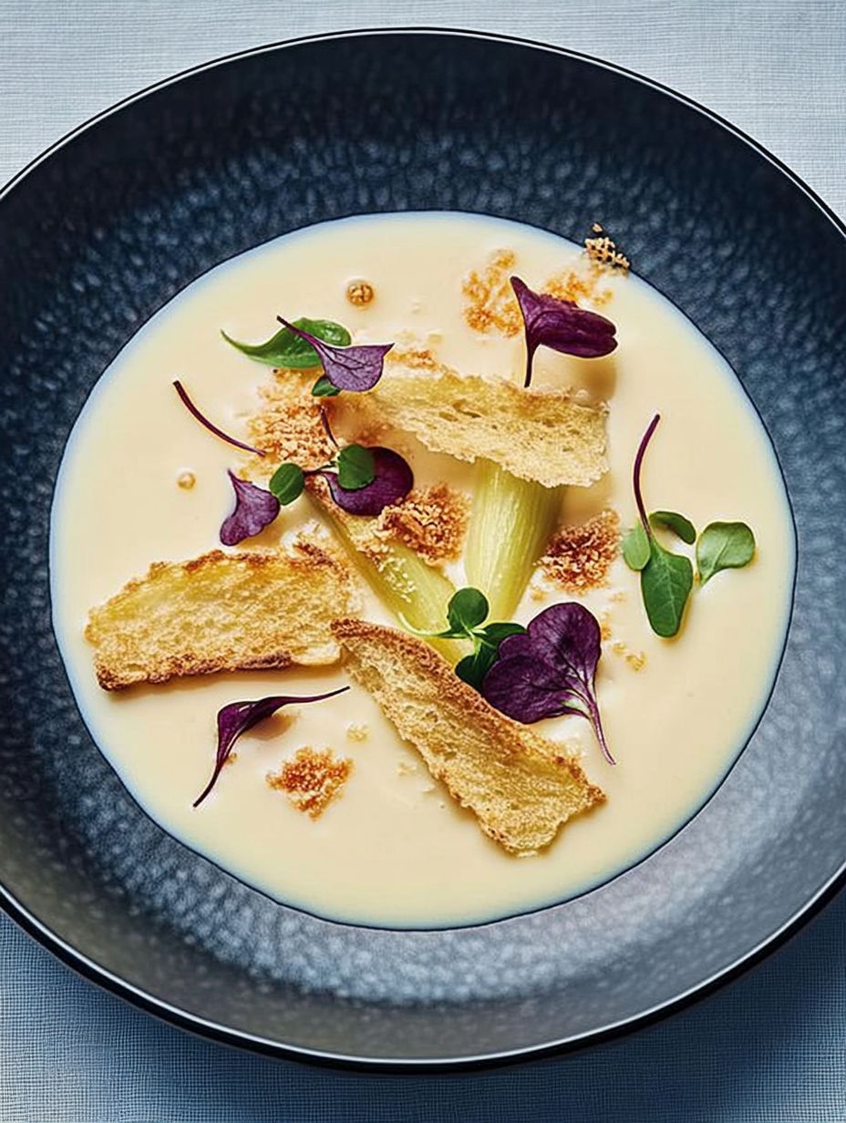 A bowl of soup with bread croutons and purple flowers.