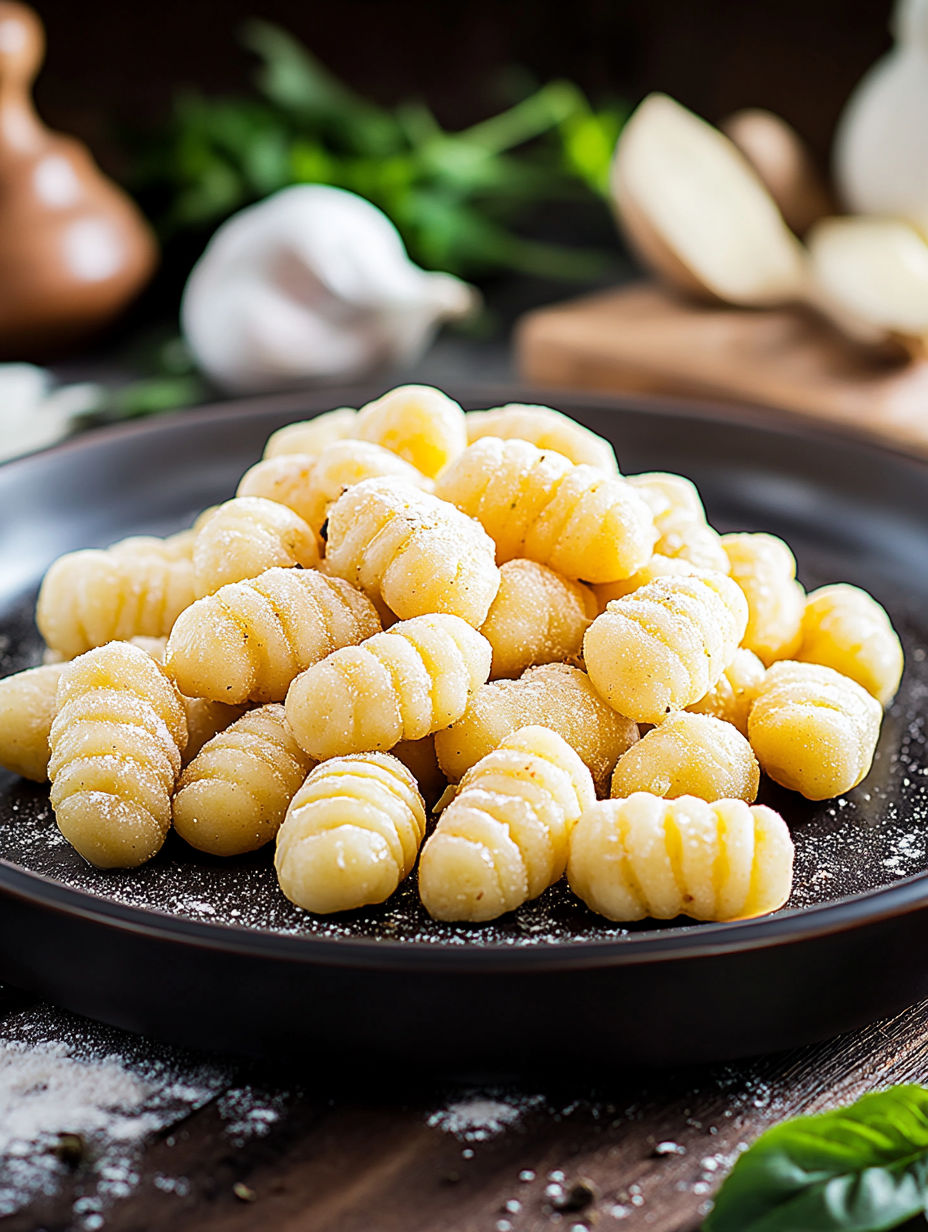 A plate of pasta with garlic on top.