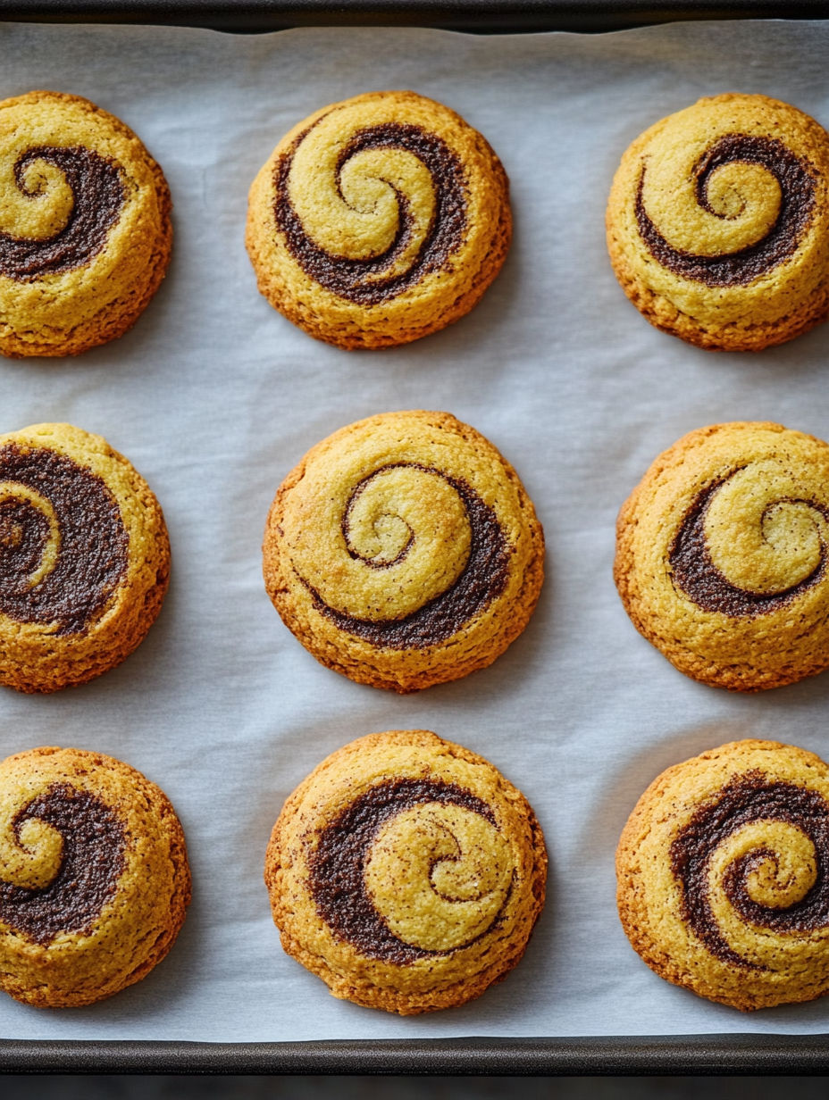A tray of cookies with swirls on them.