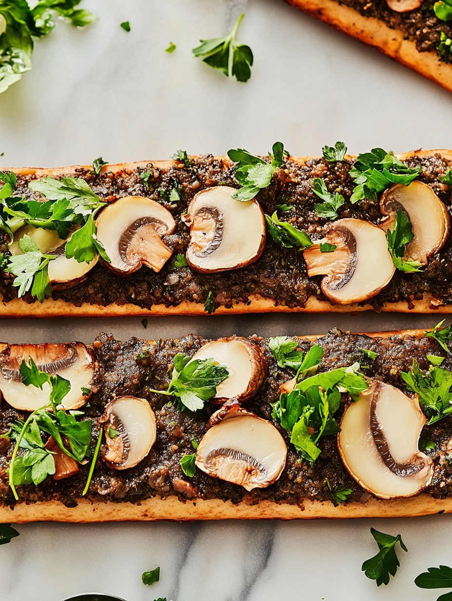 A close up of a sandwich with mushrooms and greens.