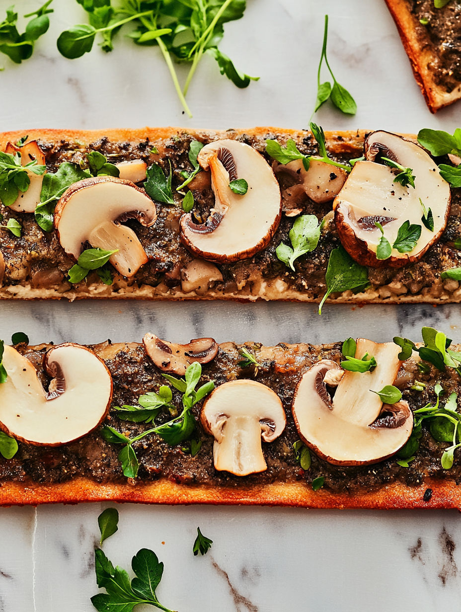 A close up of a mushroom on a piece of bread.