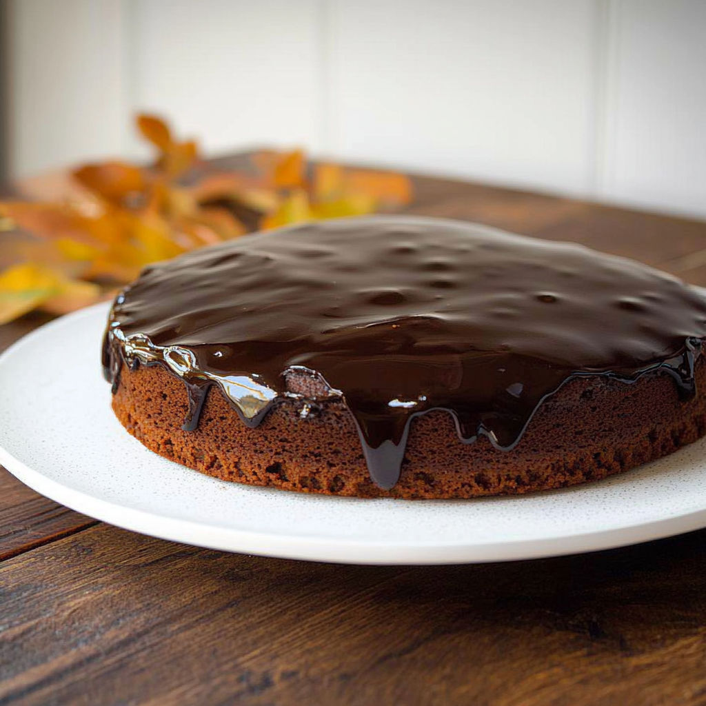 A chocolate cake with a ganache topping.