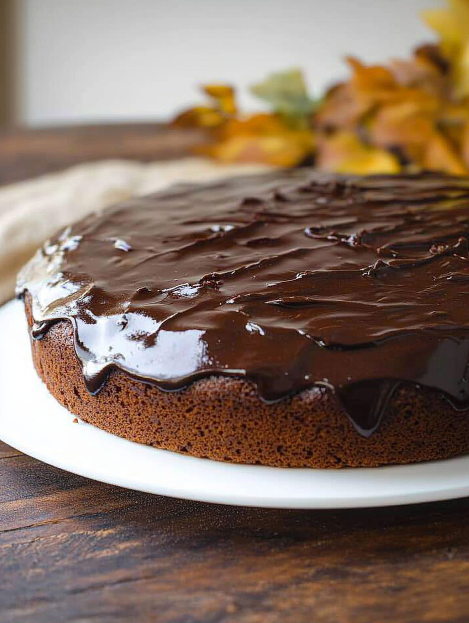 A chocolate cake with chocolate icing on a white plate.