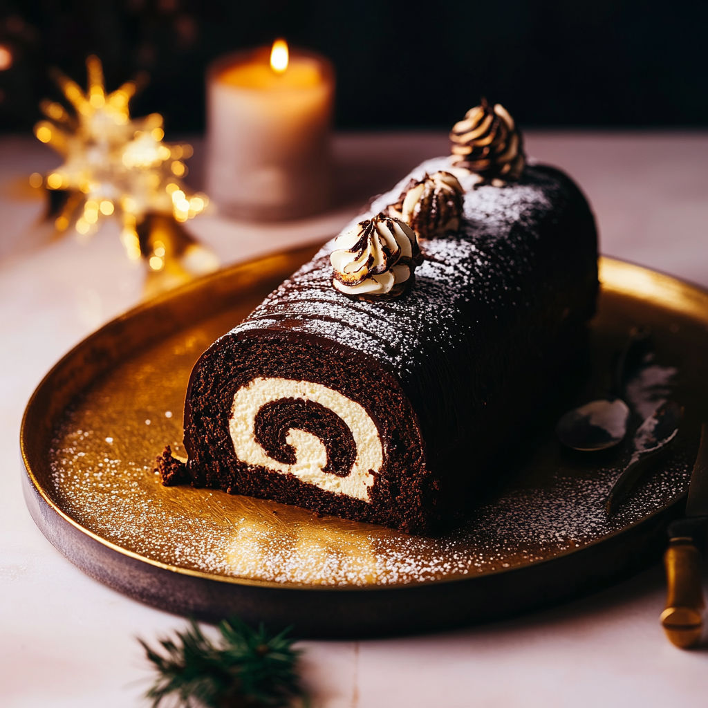 A chocolate cake with a swirl of mascarpone on top.
