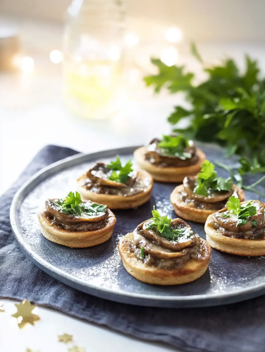 Blinis with mushroom sauce on a plate.