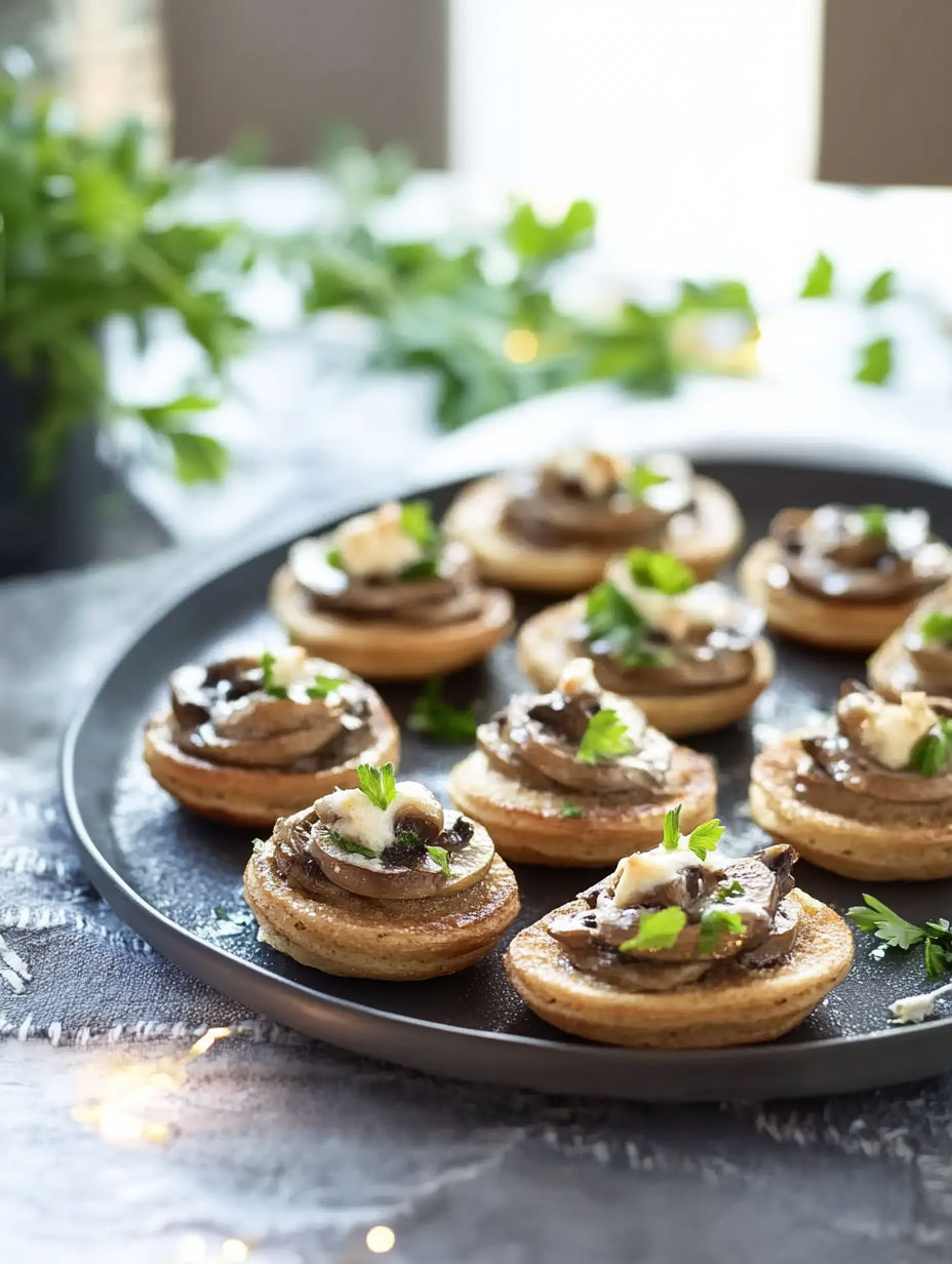 A plate of blinis with mushrooms on top.