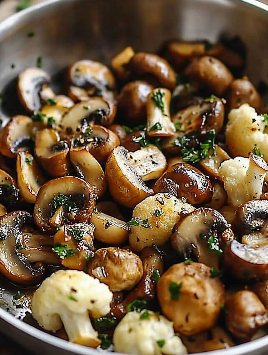 A bowl of mushrooms and cauliflower.