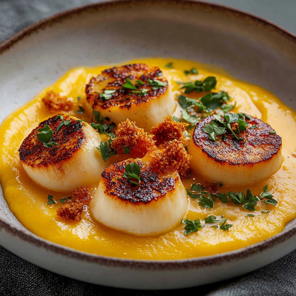 A bowl of food with a scallop on top.