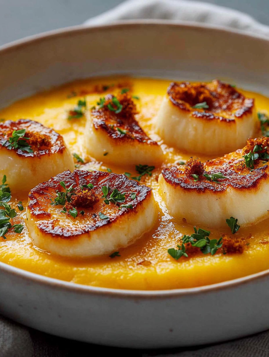 A bowl of soup with a scallop on top.