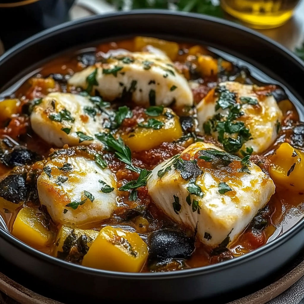 A bowl of fish stew with a variety of vegetables.