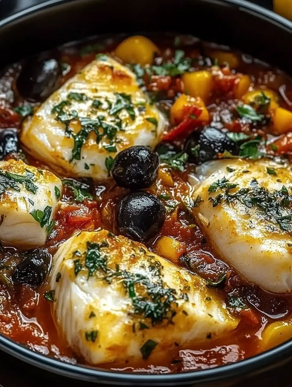 A dish of food with fish and olives.