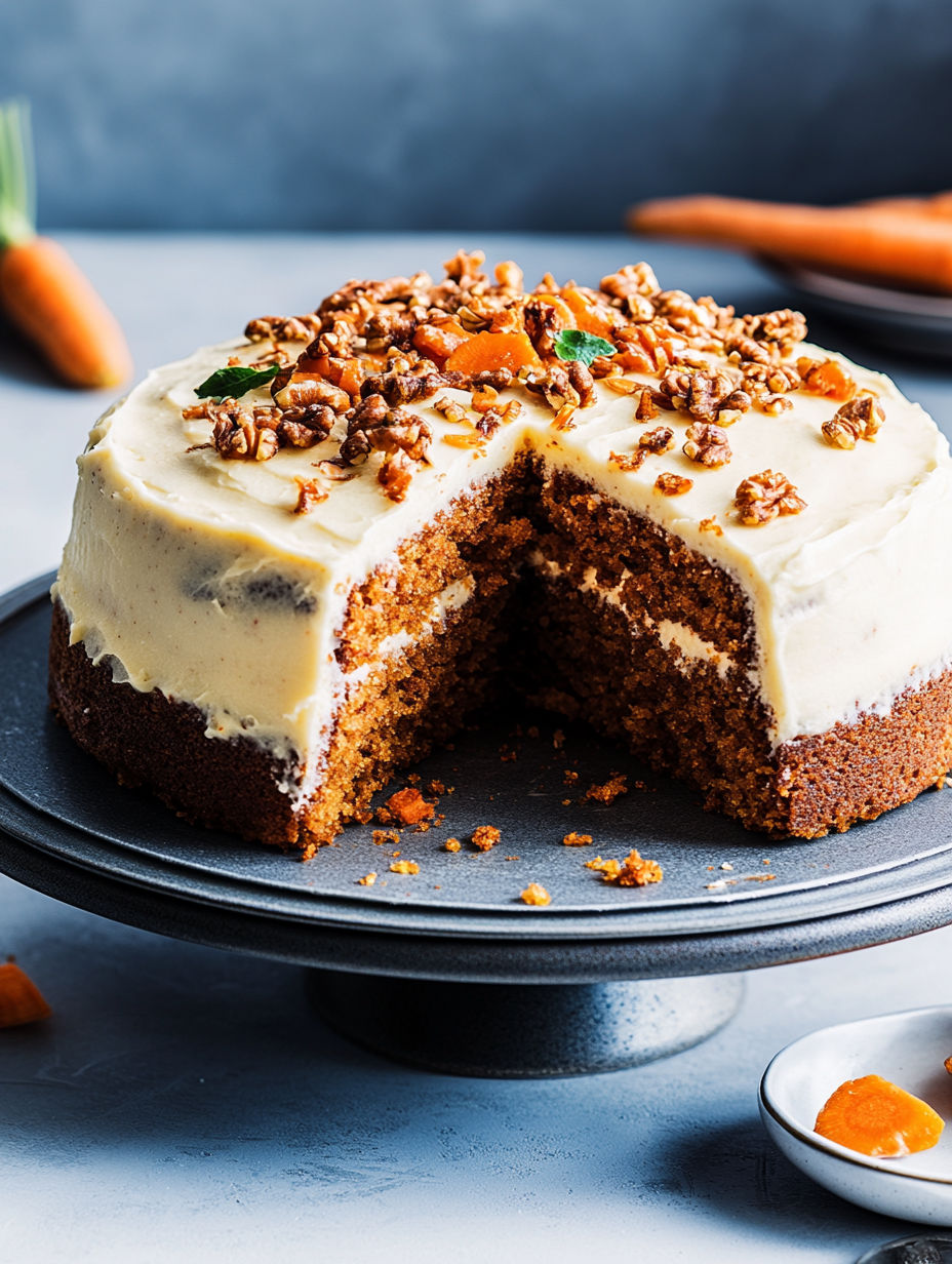 A slice of cake with caramel and nuts on top.