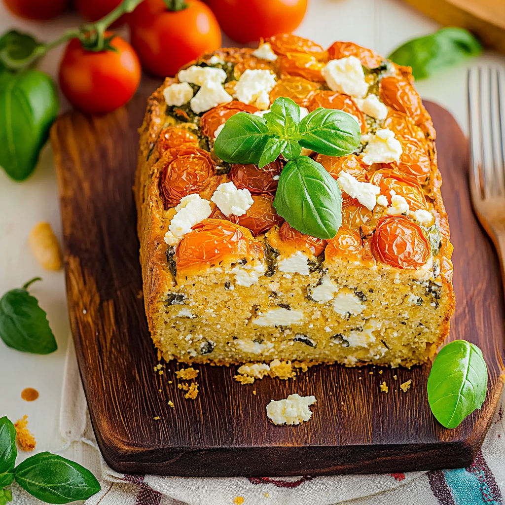 A slice of cake with tomatoes, feta cheese, and basil on a wooden cutting board.