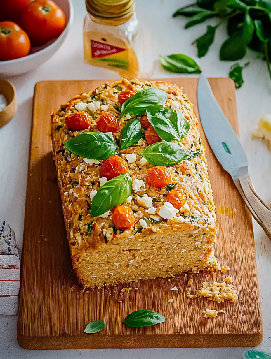 A loaf of bread with tomatoes and basil on top.