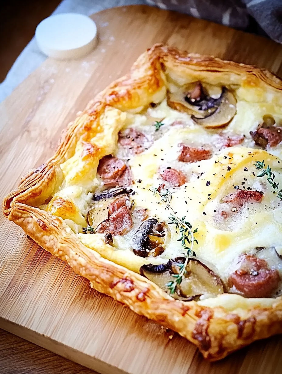 A pastry with mushrooms and cheese on top.