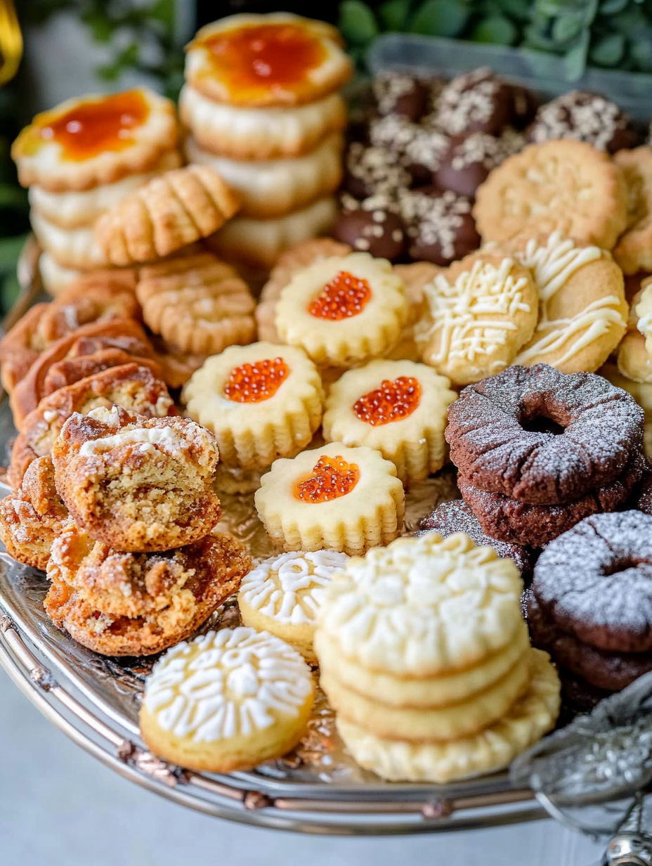 A variety of cookies and pastries on a tray.