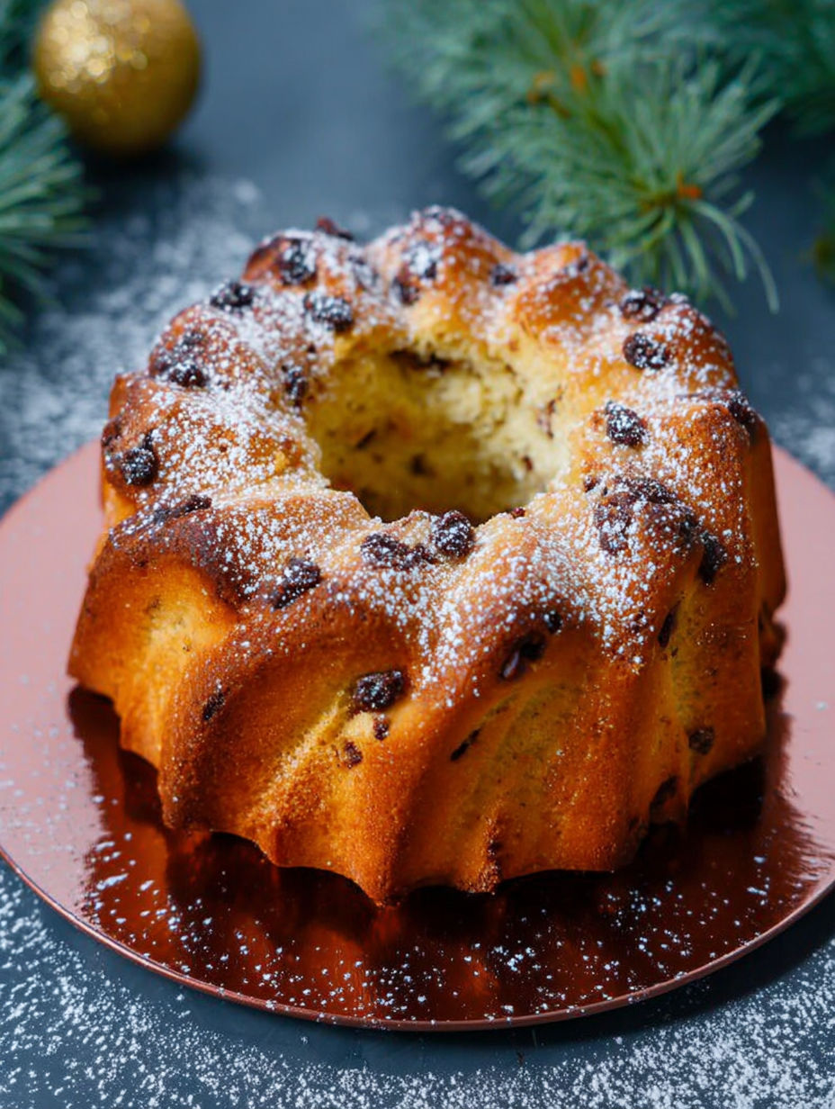 A cake with chocolate frosting and powdered sugar on top.