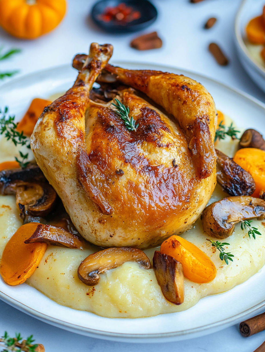 A roasted chicken with mushrooms and herbs.