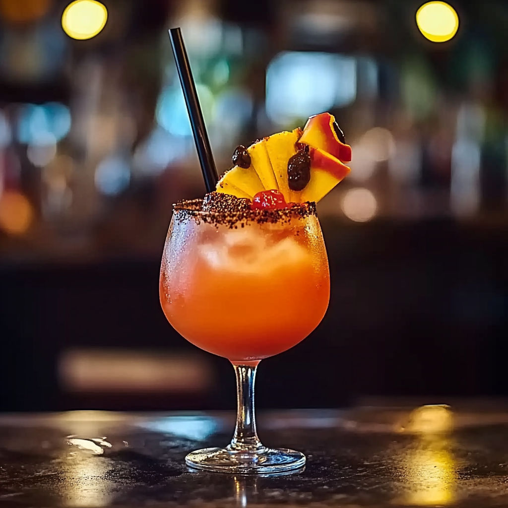 A glass of fruit juice with a straw in it.