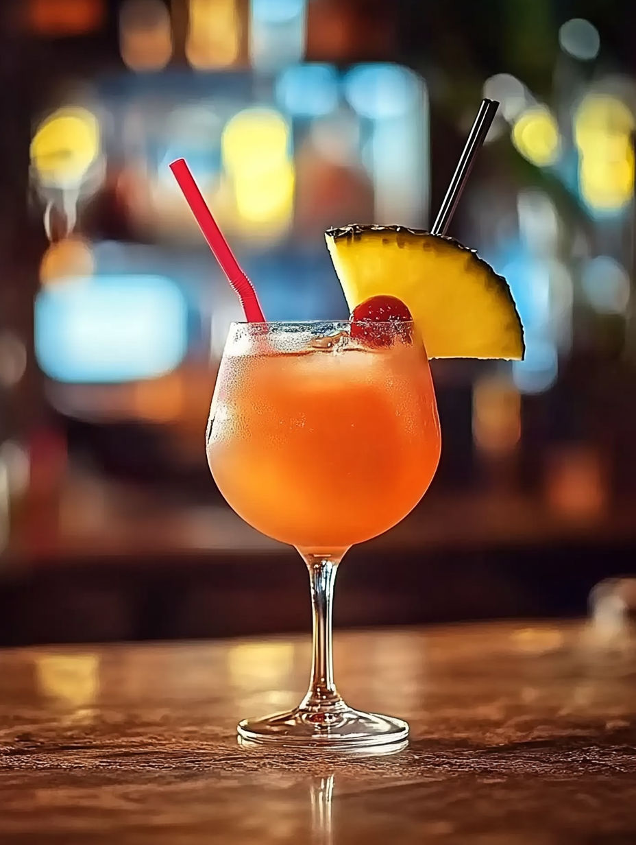 A glass of pineapple juice with a straw in it.