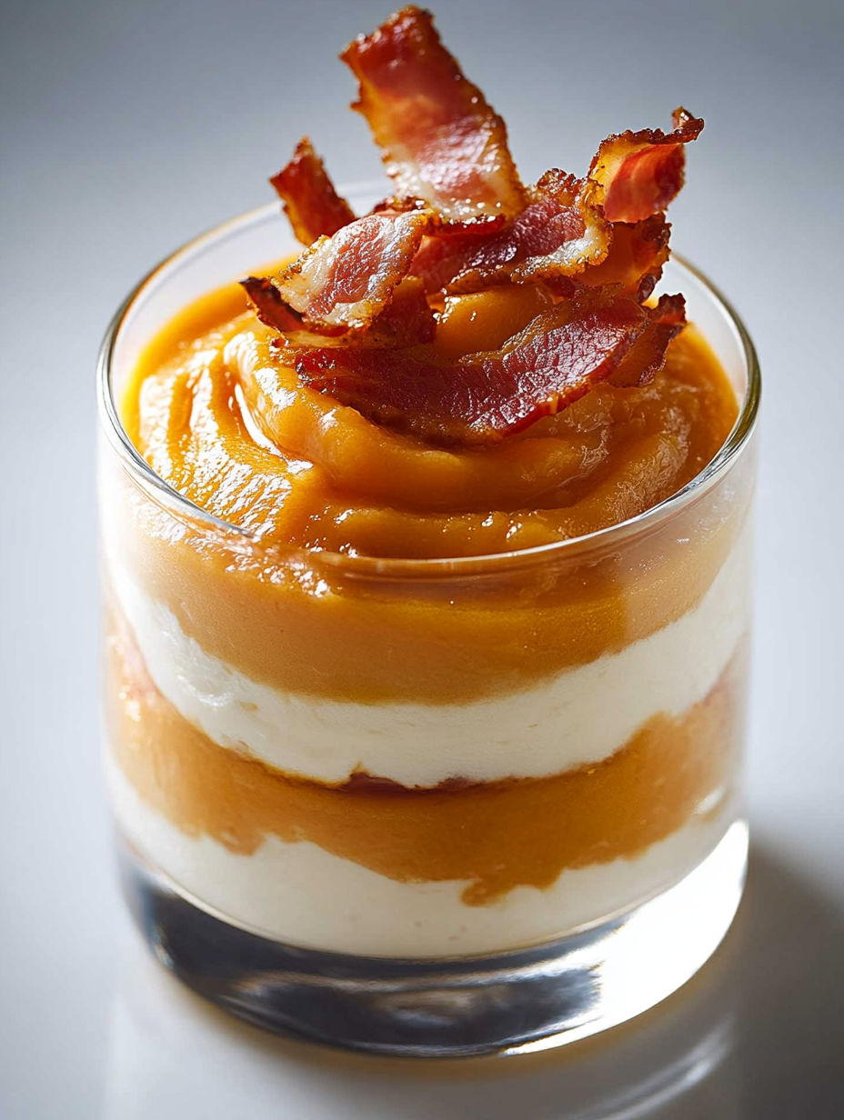 A glass of dessert with a slice of bacon on top.