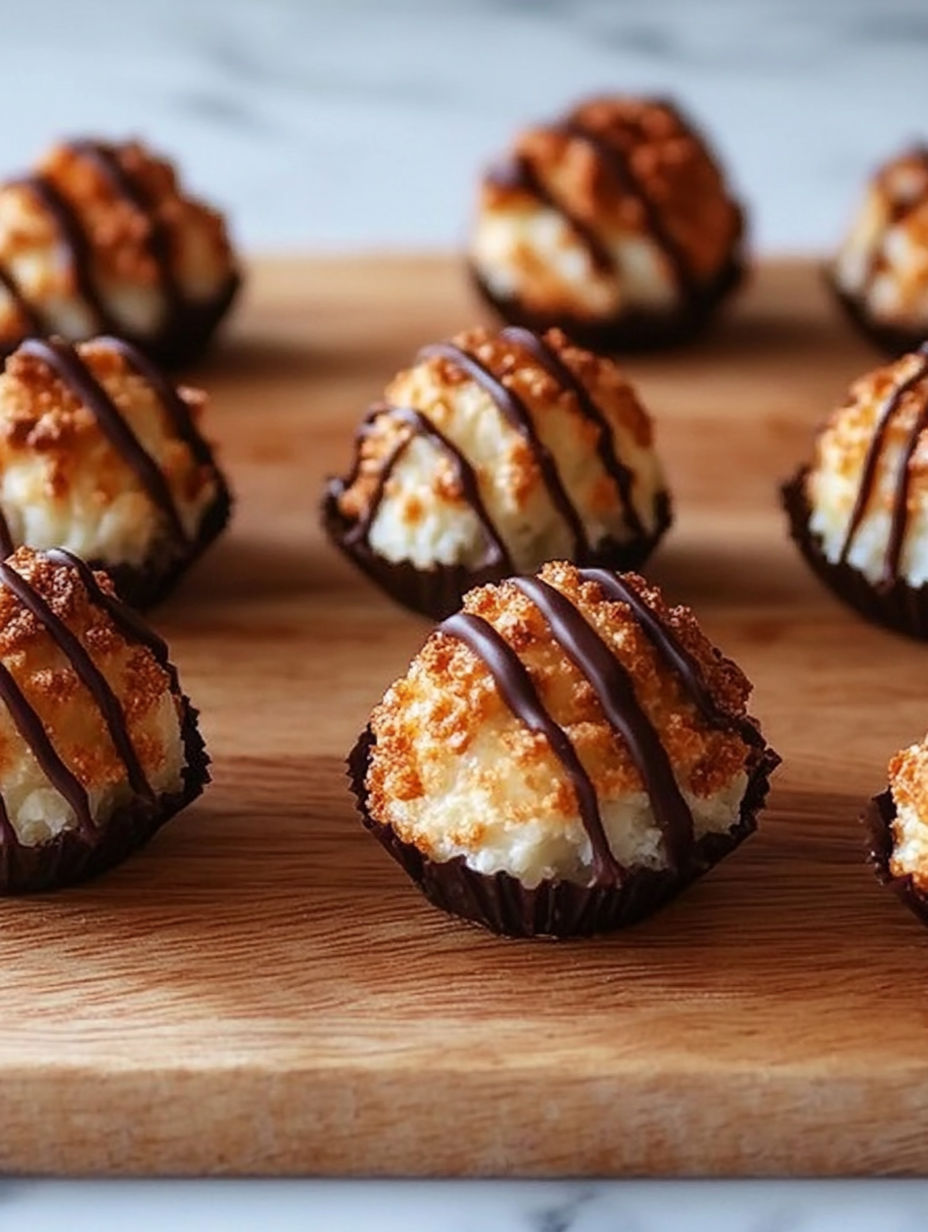 Chocolate covered marshmallows on a wooden table.