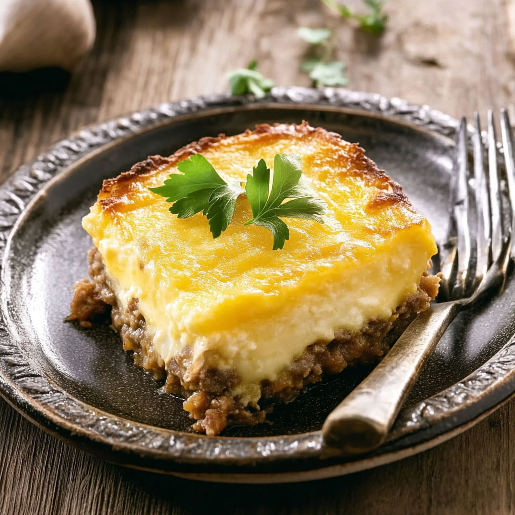 A slice of Hachis Parmentier on a plate.