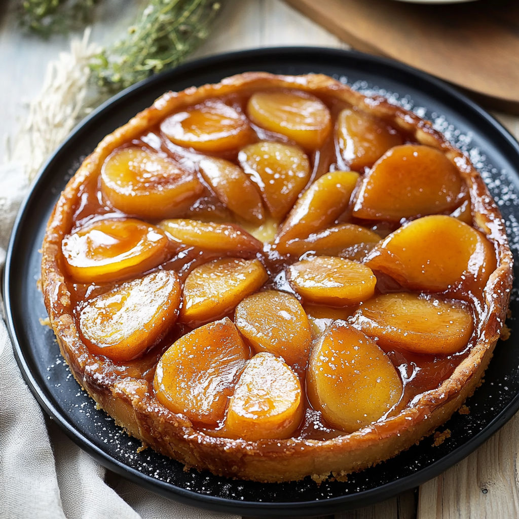 A slice of tarte tatin with apples and honey.