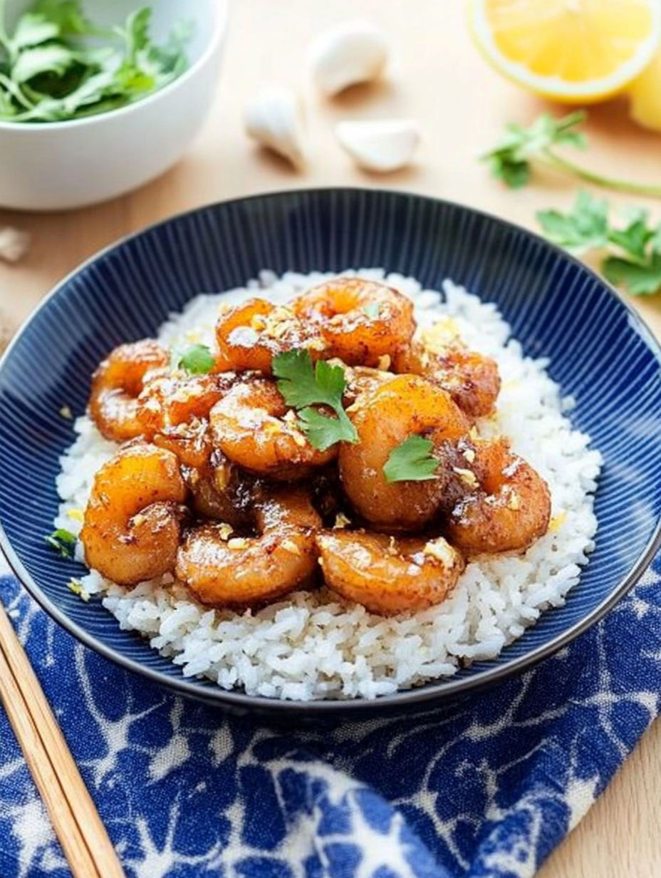 A bowl of shrimp with sauce and miel.