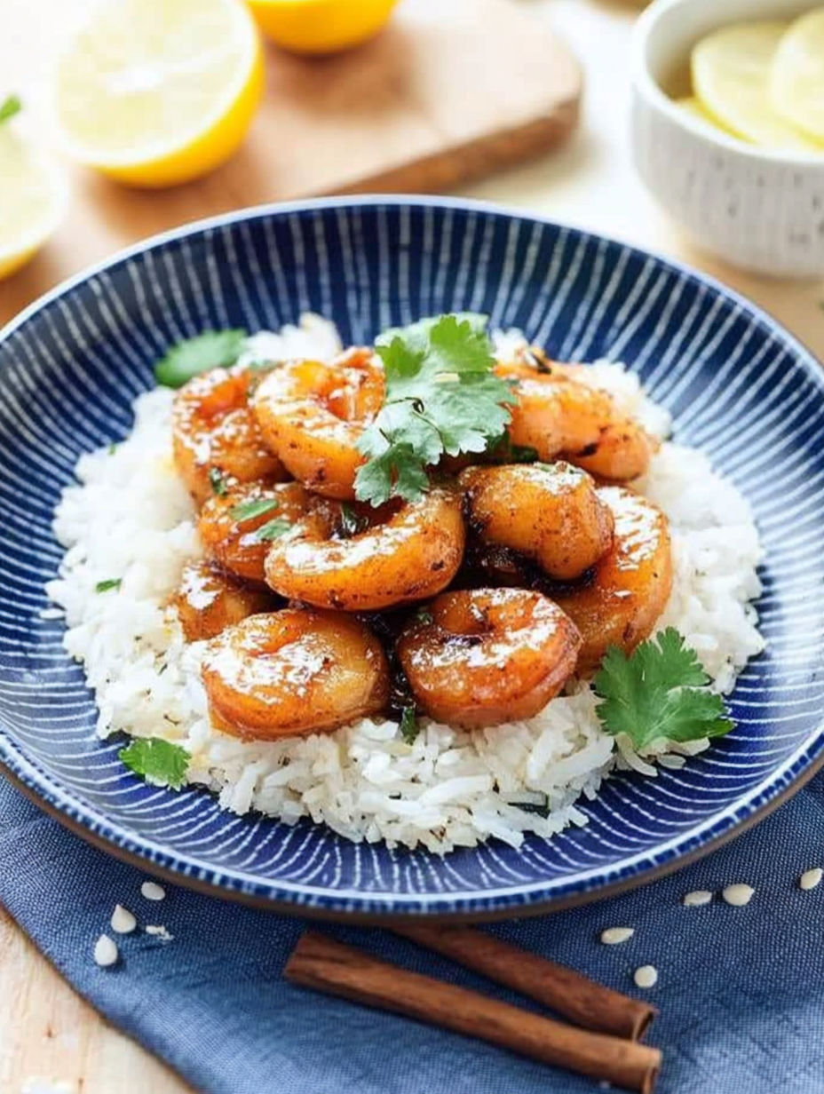 A plate of shrimp with a sauce made from honey and lemon.