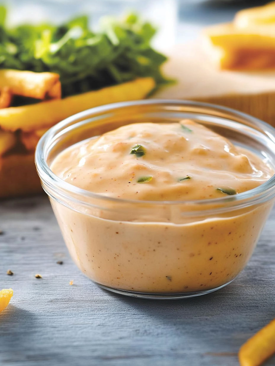 A glass bowl of sauce façon Big Mac.