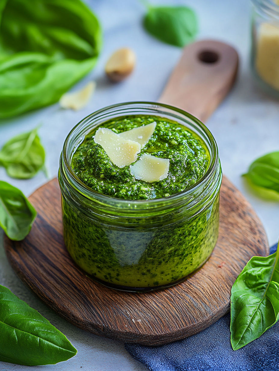 A jar of green pesto with a wooden spoon in it.